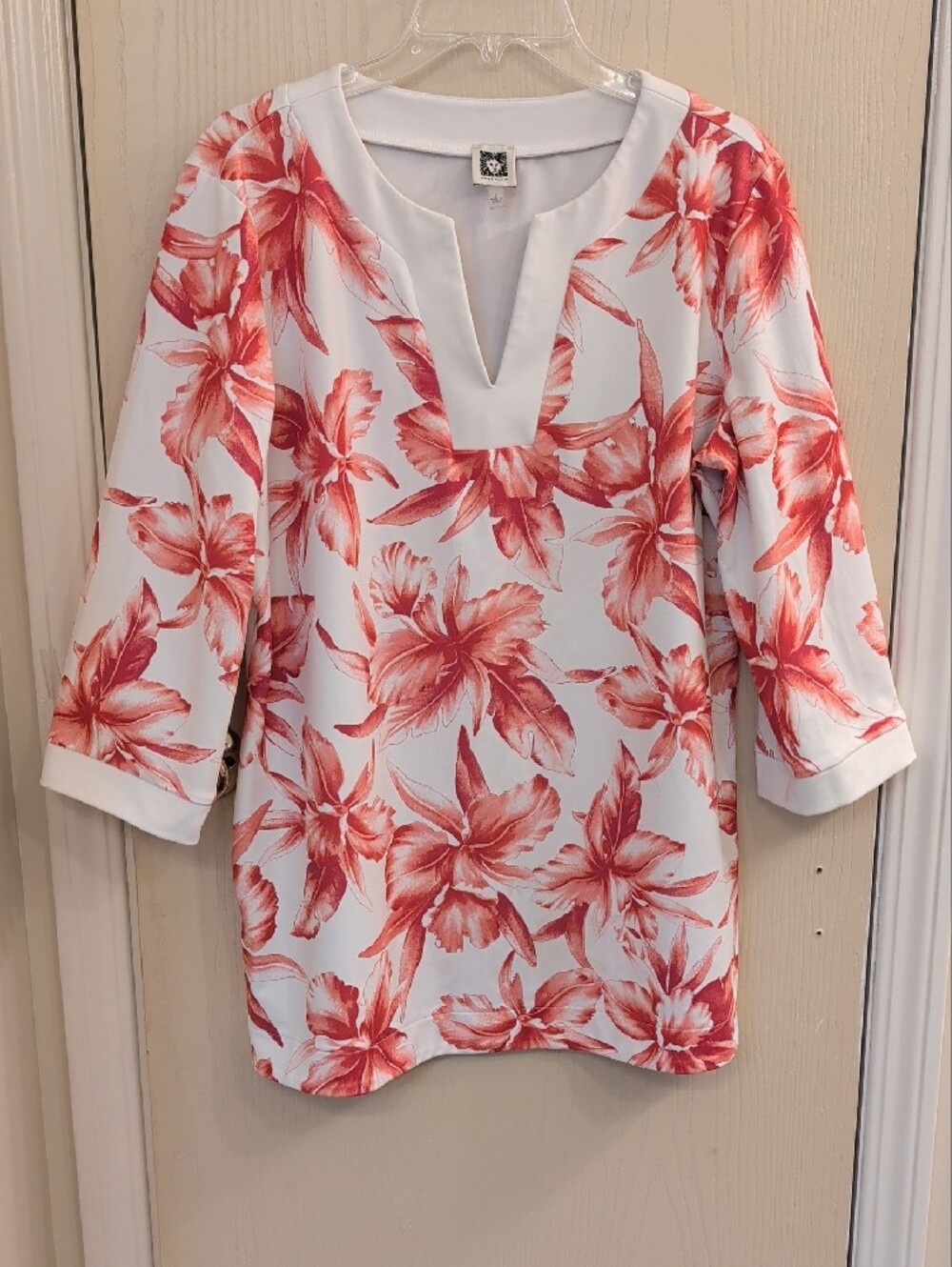 Anne Klein Floral Split-Neck Women’s Top Size L – Coral Pink